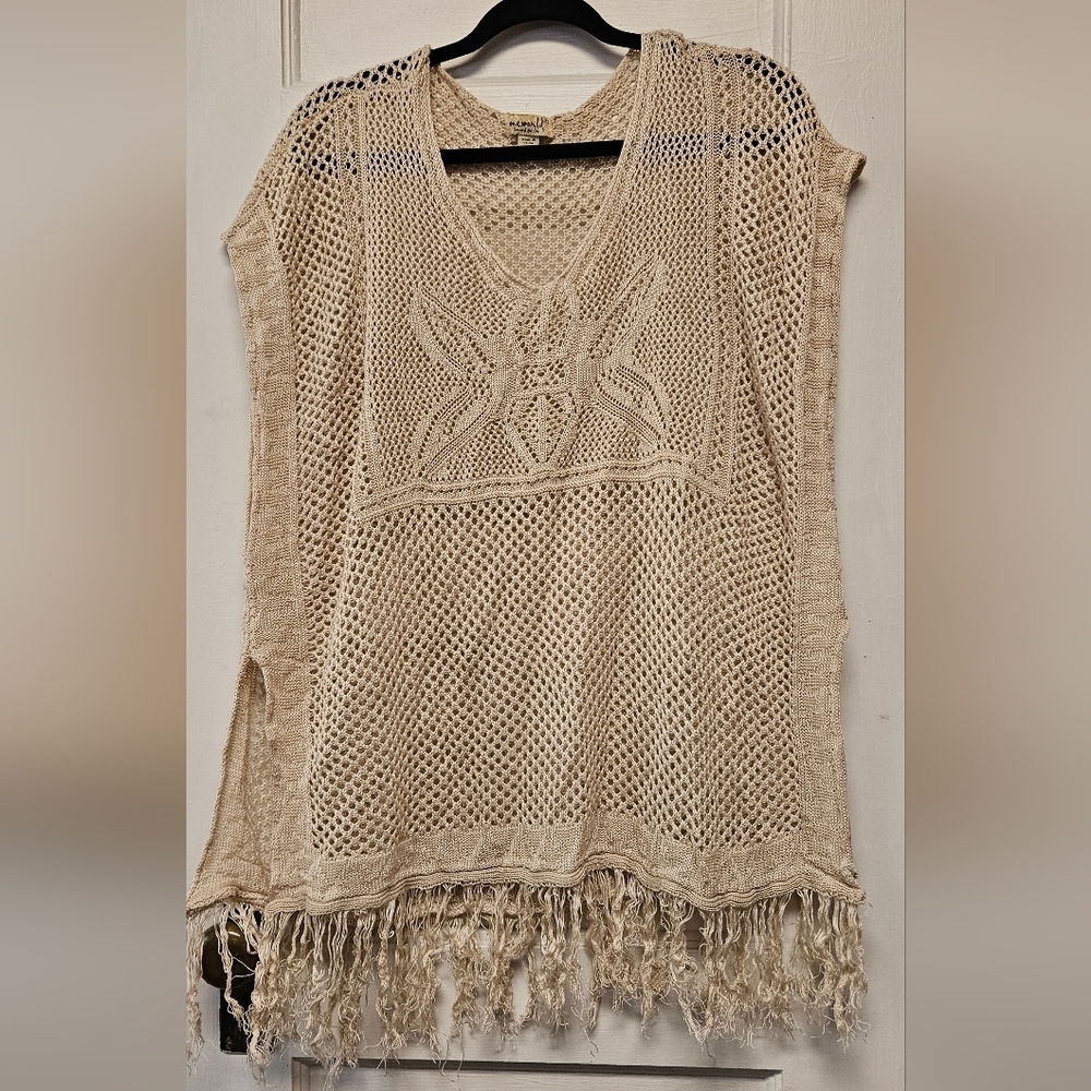 One World Beige Knit Poncho with Fringe Size 2XL
